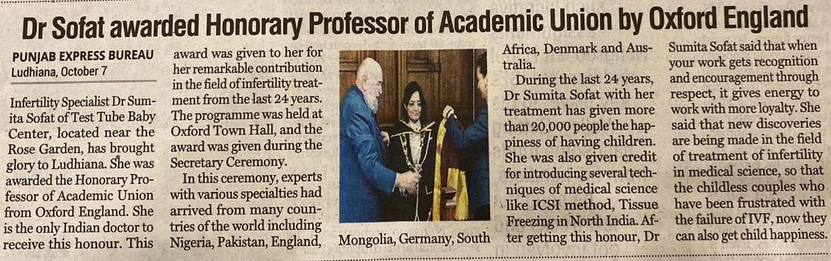 Dr. Sumita Sofat Awarded Honorary Professor Of Academic Union by Oxford England