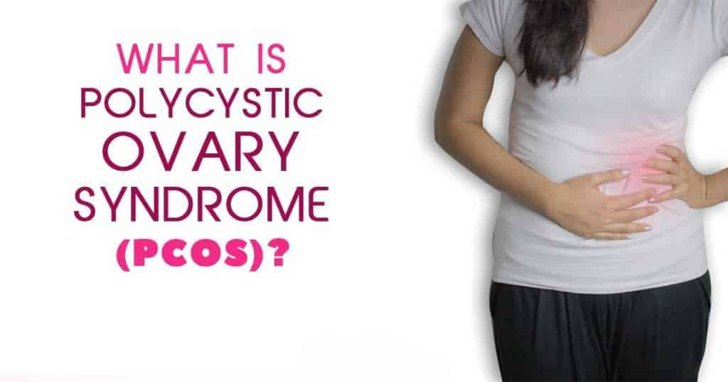 Graphic asking what polycystic ovary syndrome PCOS is, with an illustration of a woman holding her abdomen