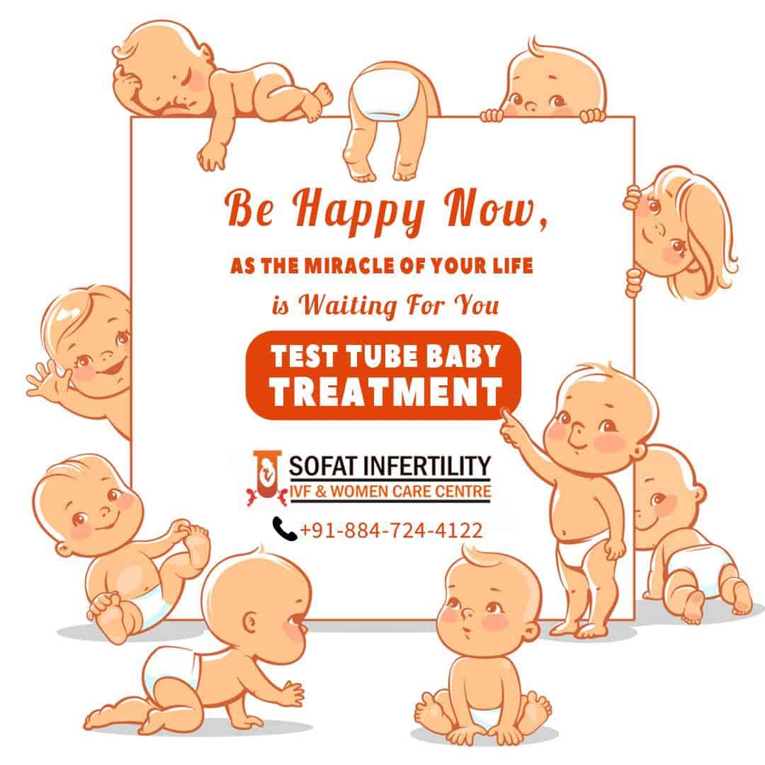 Sofat Infertility test tube baby treatment poster surrounded by illustrated babies